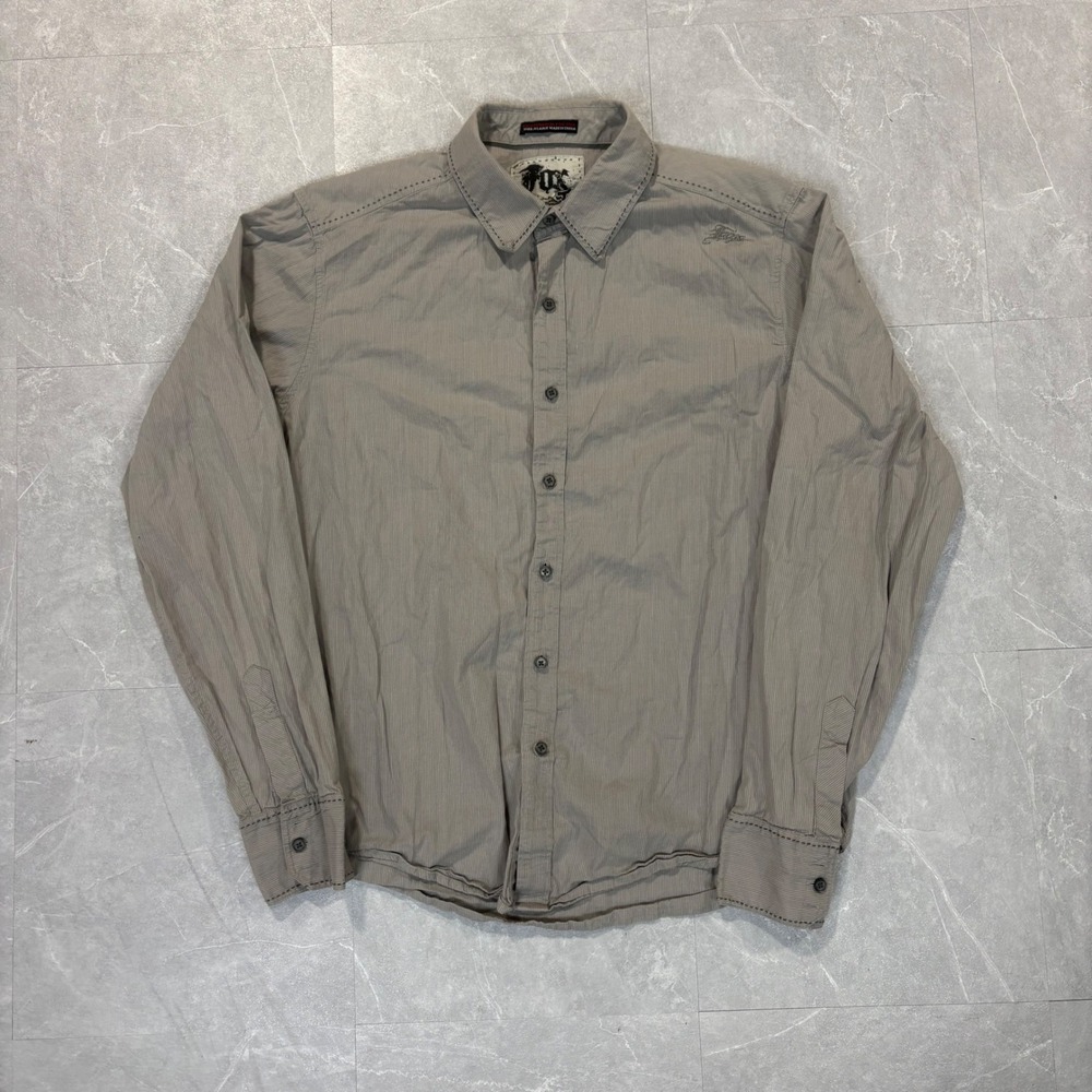Fox Racing Mens XL Pinstripe Long Sleeve Button Down Shirt Grey White Logo